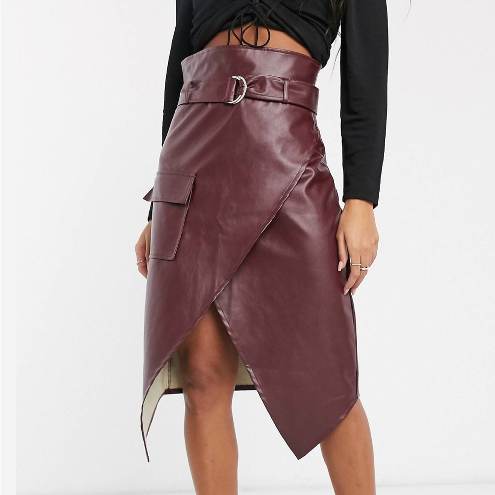 Missguided Faux Leather Belted Wrap Front Skirt Burgundy